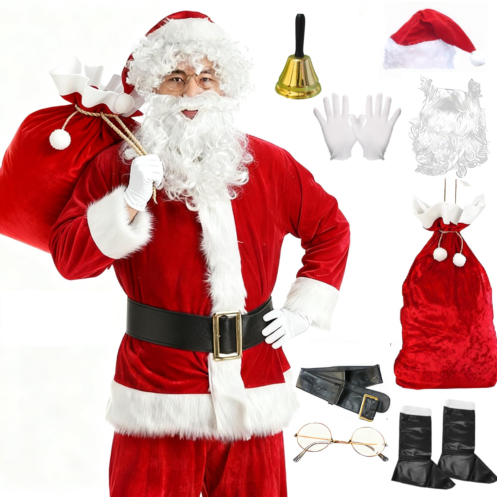 

Yi-gog Santa Claus Costume, Christmas Costume with Reindeer, 11-Piece Set, Long Sleeves, Thick Fabric, Suitable for Parties, Adult Size (XL)