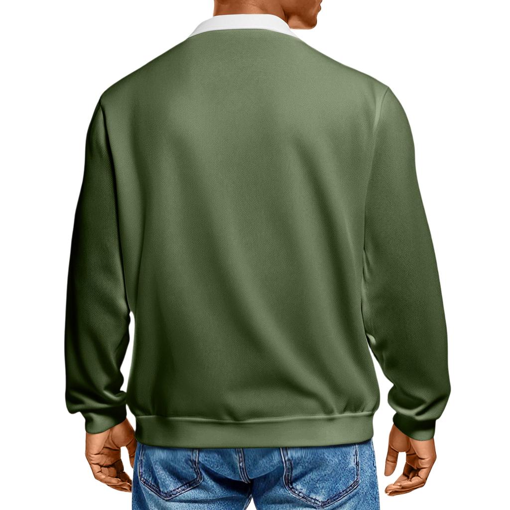 Men's Casual Color-Block Collared Long-Sleeve Knit Base Layer Top