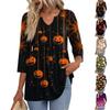 Women's Casual Halloween Print V-Neck Blouse with Three-Quarter Sleeves for Holiday Parties