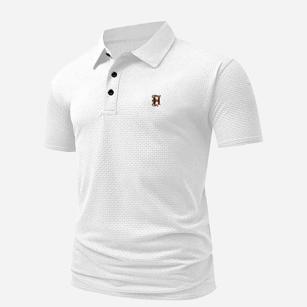 Men's Quick-Dry Waffle Letter H Print Business Casual Golf Polo Shirt