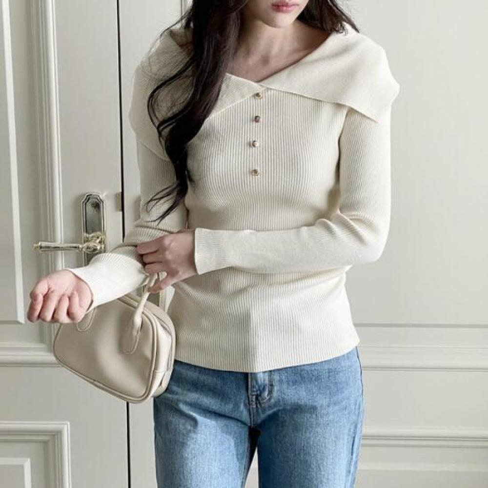 New ArriVals Open Run Slim Fit Ribbed Spring Knit V Neck Big Collar Gold Button