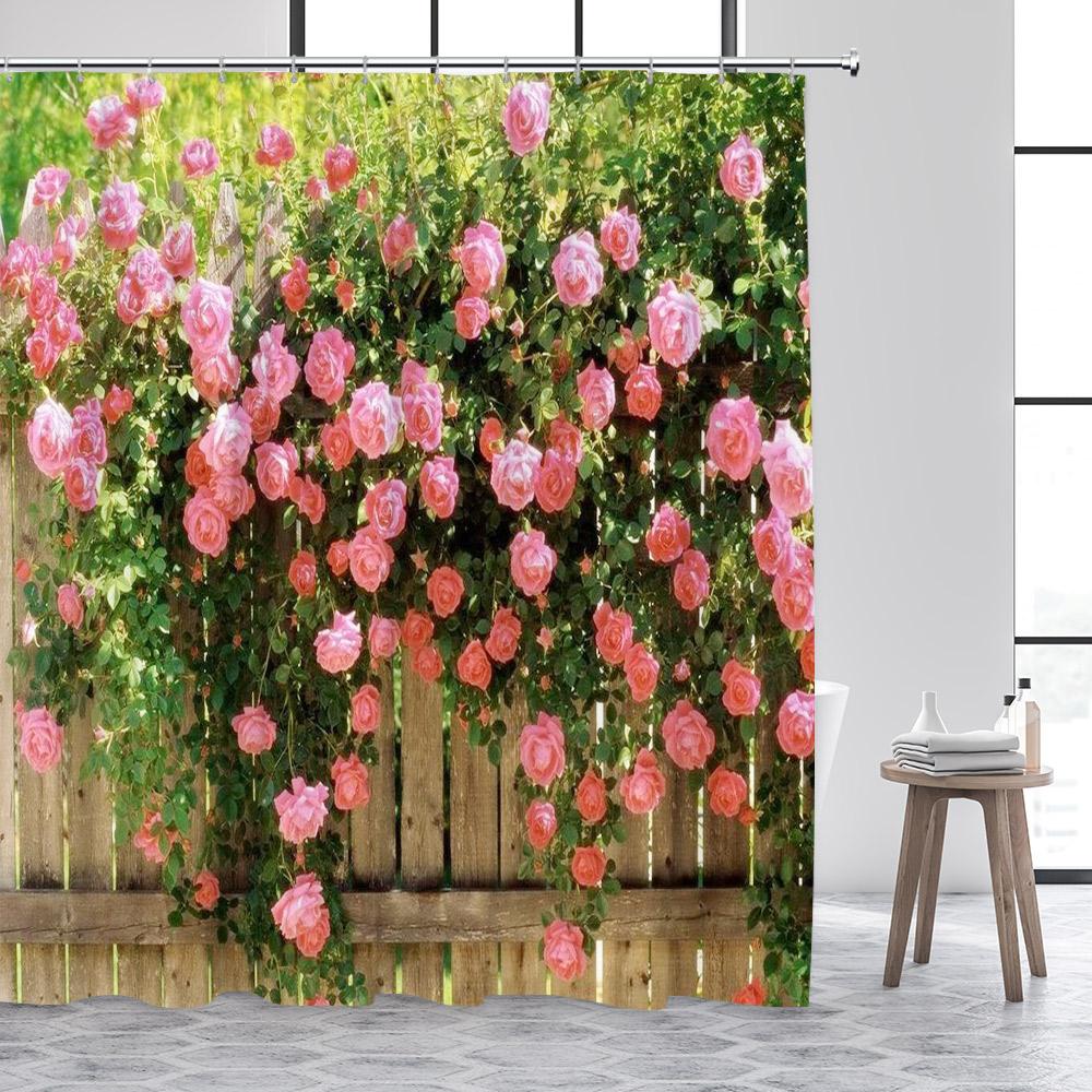 Rustic Fence Flowers Shower Curtains Pink Rose Floral Plant Garden Scenery Wall Hanging Fabric Bathroom Curtain Decor With Hooks