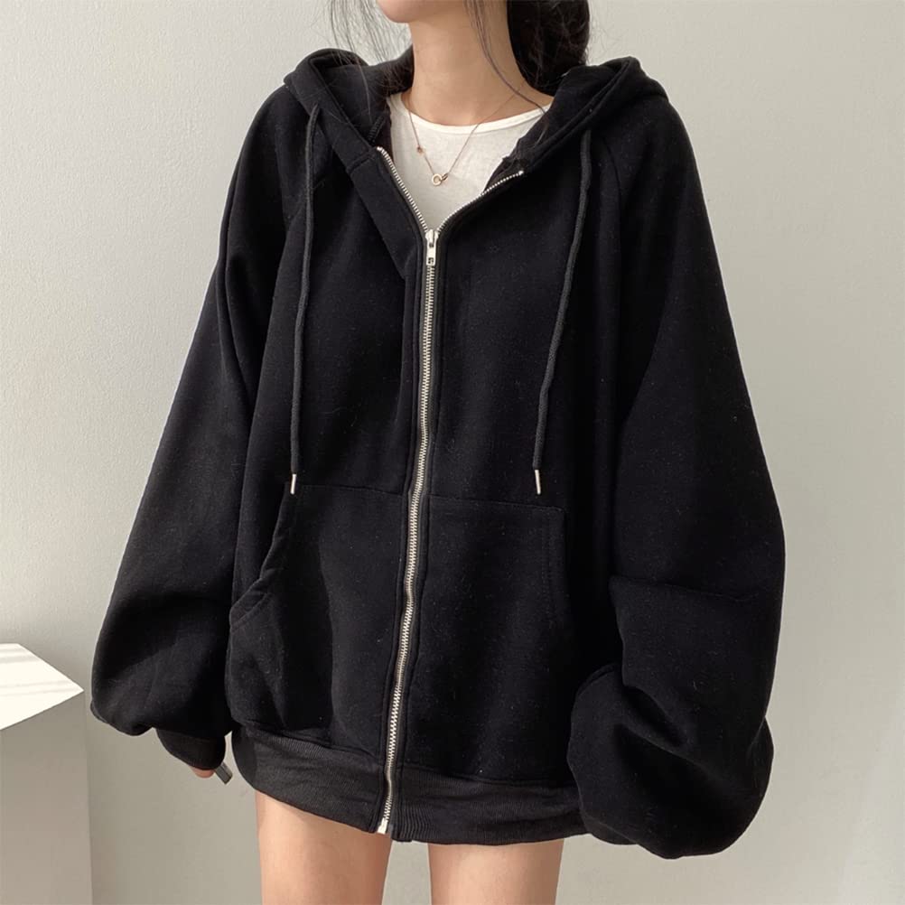 Hoodie with Fleece Loose Harajuku Long Sleeve Top for Fall and Winter QYY-1 Women's Zip-Up Lining, Thick, Warm, Stylish, Casual, Fit, Oversized,