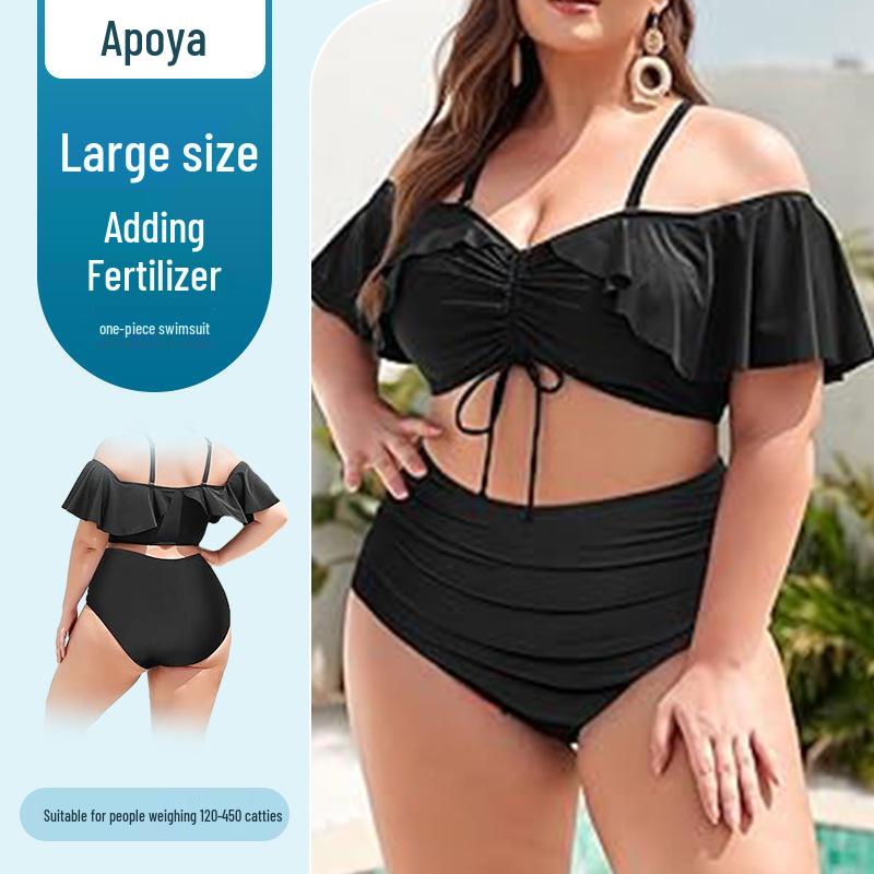 Plus Size Ruffle Sleeve High Waist Bikini Swimwear - Solid Color Two-Piece