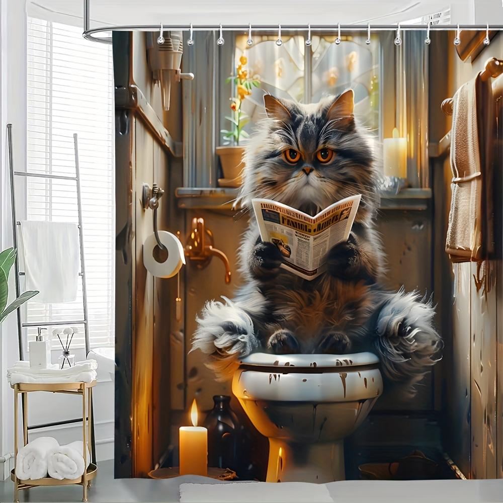 

Funny Cat Reading Newspaper Bath Curtain - Quirky Animal Scene, Waterproof Home Decor Adds Humor to Your Bathroom W90XH180cm