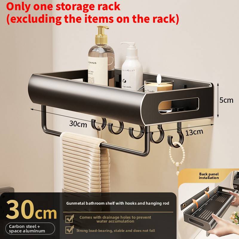 Wall Mount Bathroom Storage Shelf With Hooks Removable Aluminum For Toilet And Sink Area