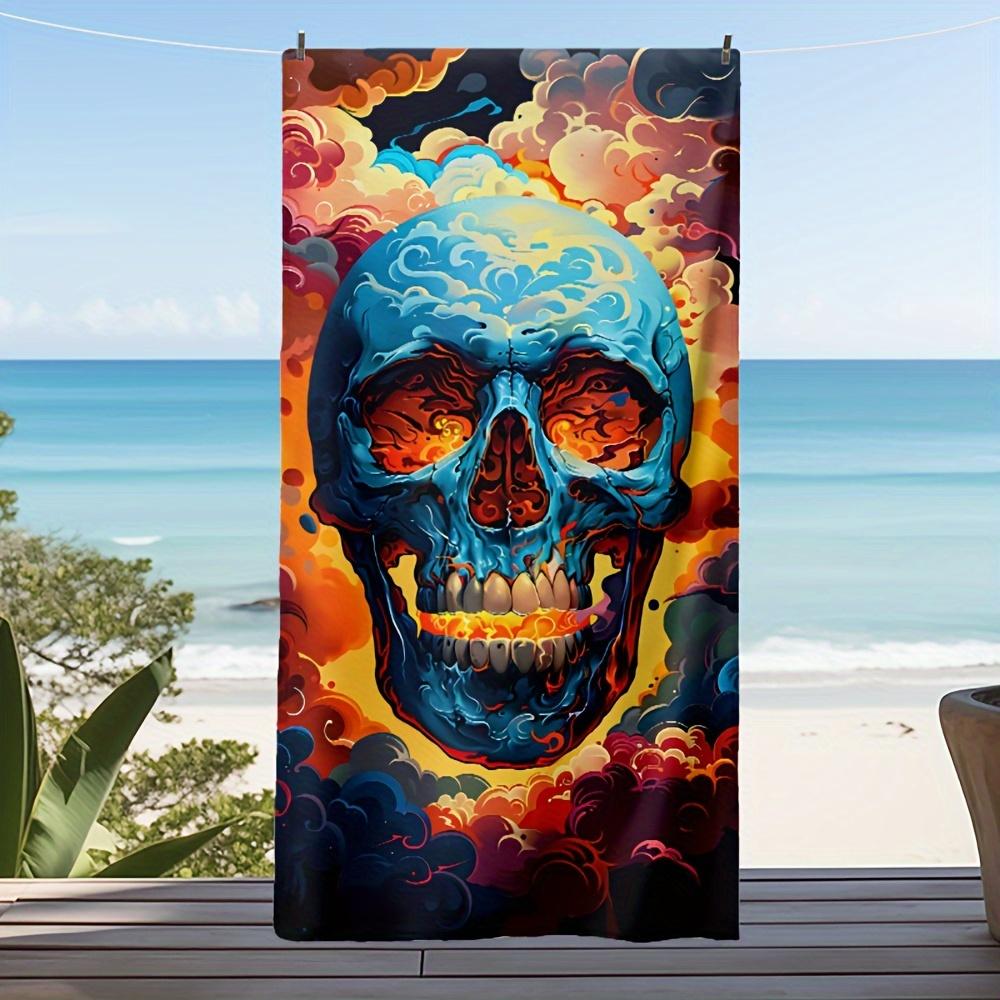 

Psychedelic Skull Beach Towel, Trippy Blue Skull with Fire Clouds Print Oversized Bath Towel, Dry Edgy Summer Beach Blanket W30*H60(CM)