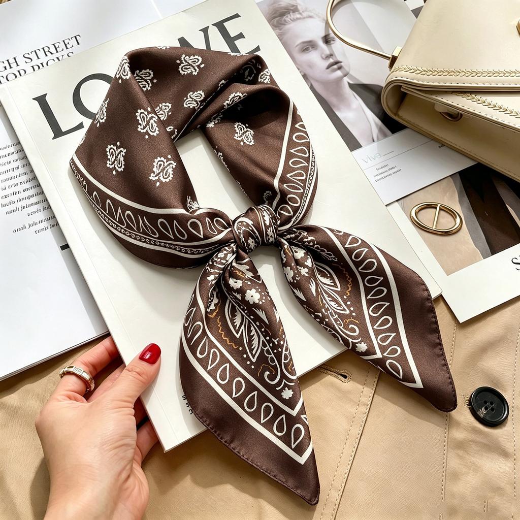 Commuter elegant flower silk scarf women's contrasting color retro printing satin scarf shirt with multi-purpose decorative small scarf