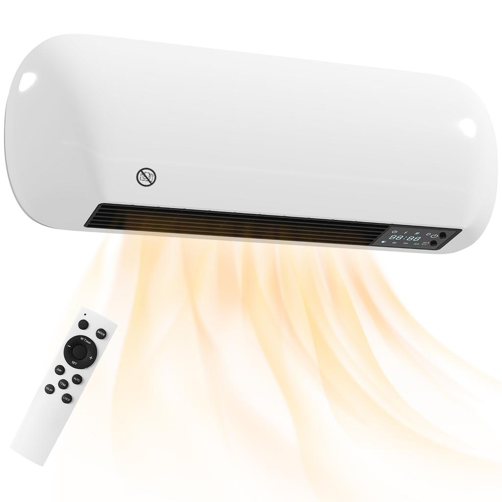 2000W Ceramic Electric Heater with Fan, Adjustable Thermostat, Wall Mounted - White