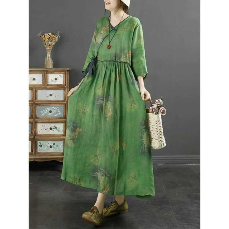 Spring Retro Printing Chinese Style V-neck Three-quarter Sleeves National Style Mid-length Waist Slimming Dress Women