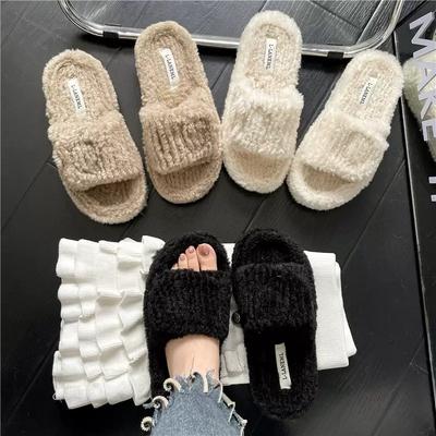 New One-word Fluffy Slippers for Women's Outer Wear 2025 Popular Indoor Warmth Velcro Soft Cotton Drag Foreign Trade