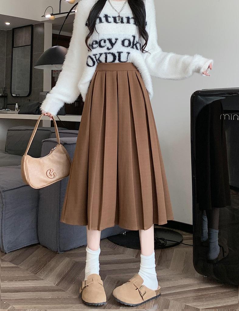Plus Size Women's Woolen Pleated A-Line Midi Skirt, Age-Reducing Chic Design, Solid Color.