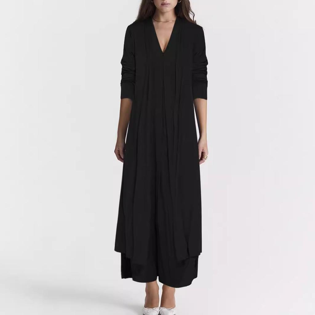 European and American New Casual Solid Color V-neck Cardigan Jacket Dress Set Two-piece Set for Women