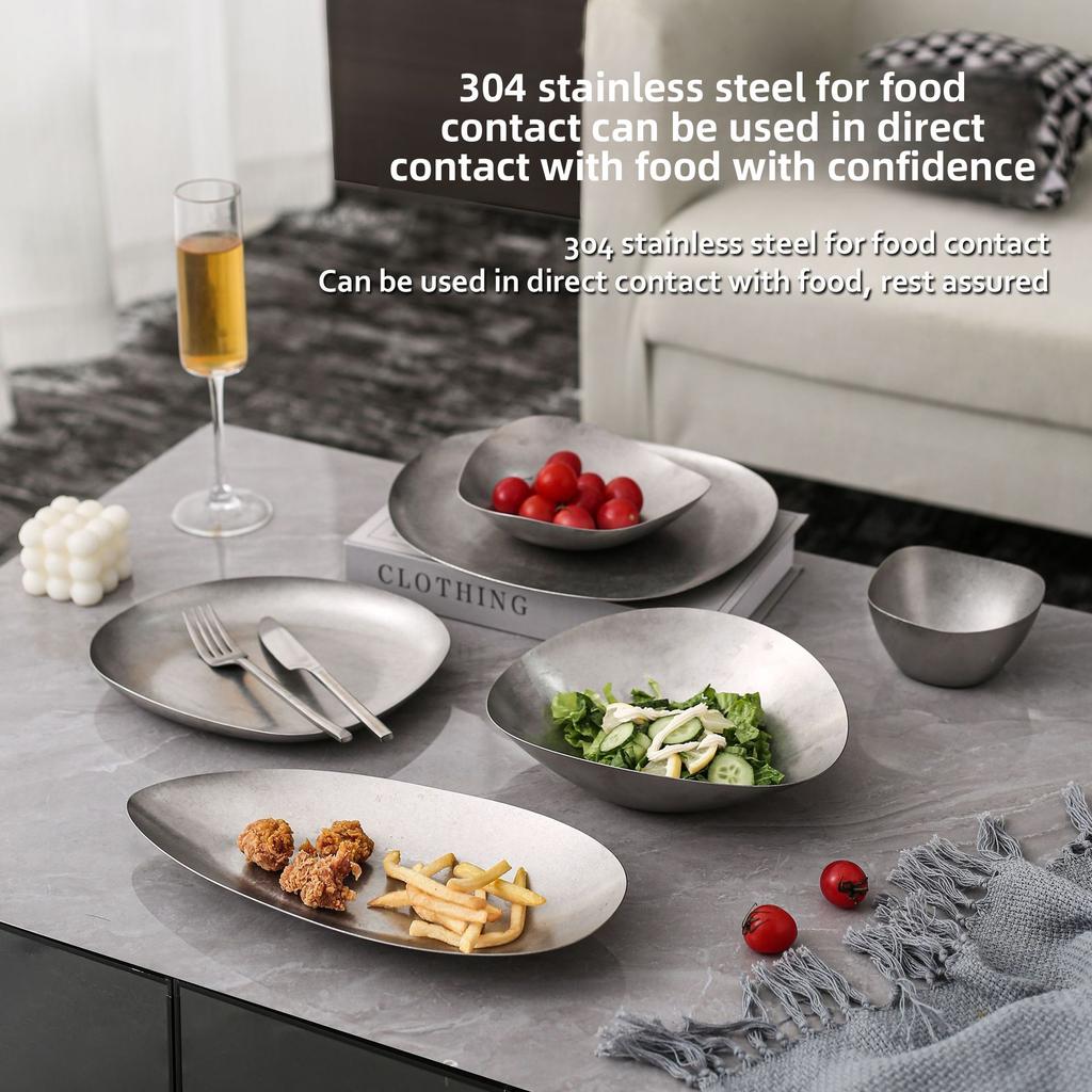 Retro Style Decorative Plate Unique Design Stainless Steel Durable Household Restaurant Outdoor Western Dinnerware