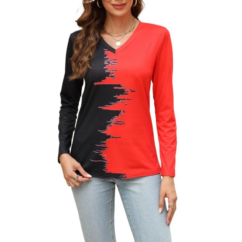 Chemisier à manches longues et col en v pour femme, imprimé de collision, printemps et automne