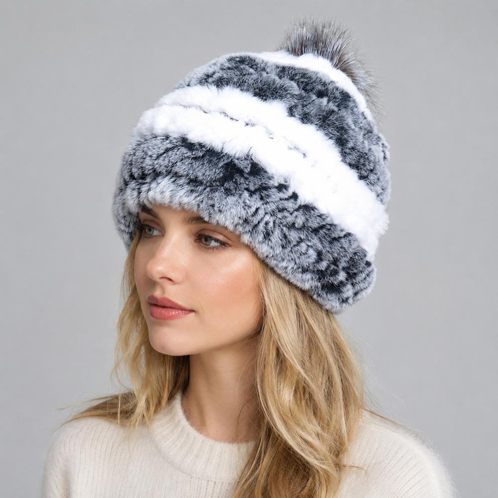 New Luxury Knitted Real Genuine Fox Fur Hats Women Beanies Solid Rex Rabbit Fur Caps Winter Lady Party Fashion Fur Hat Skullies