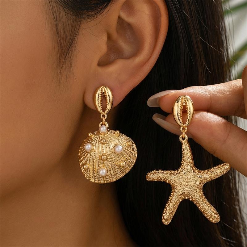 

Summer Trend Asymmetrical Starfish Scallop Dangle Earrings for Women Exquisite Pearl Shell Conch Earring Ocean Style Jewelry