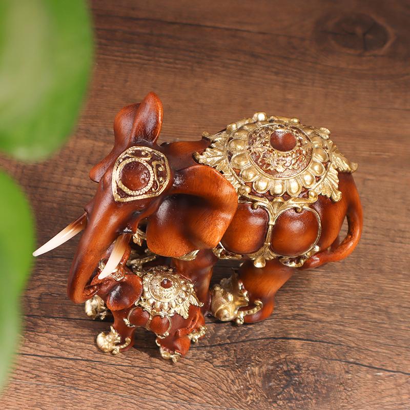 Wood Grain Mother and Child Elephant Statue, Southeast Asian Style Home Decor, Bedroom, Living Room, Study Desk Decoration