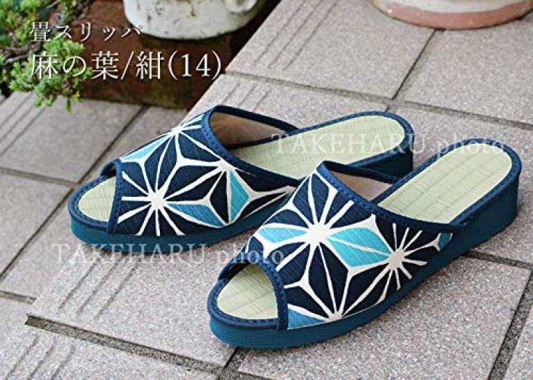 Takeharu Tatami Made In Indoor and Outdoor Igusa Hemp Leaf Size L Women's Slippers, Japan, Use, Sandals, (Rush Grass) Fabric, Pattern, Purple, 14,