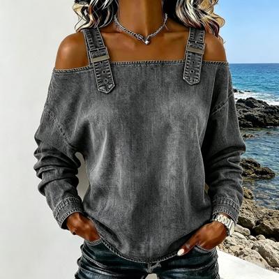 Women Shirt Adjustable Straps Off Shoulder Long Sleeve Pullover Tops Pure Color Denim Tops Travel Leisure Daily Wear