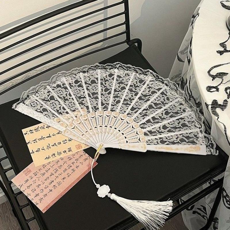 Folding Fan Lace Flower Decor Chinese Style Fan Hand Held Anitque Art Craft Japanese Summer Female Dance Home Party Decoration
