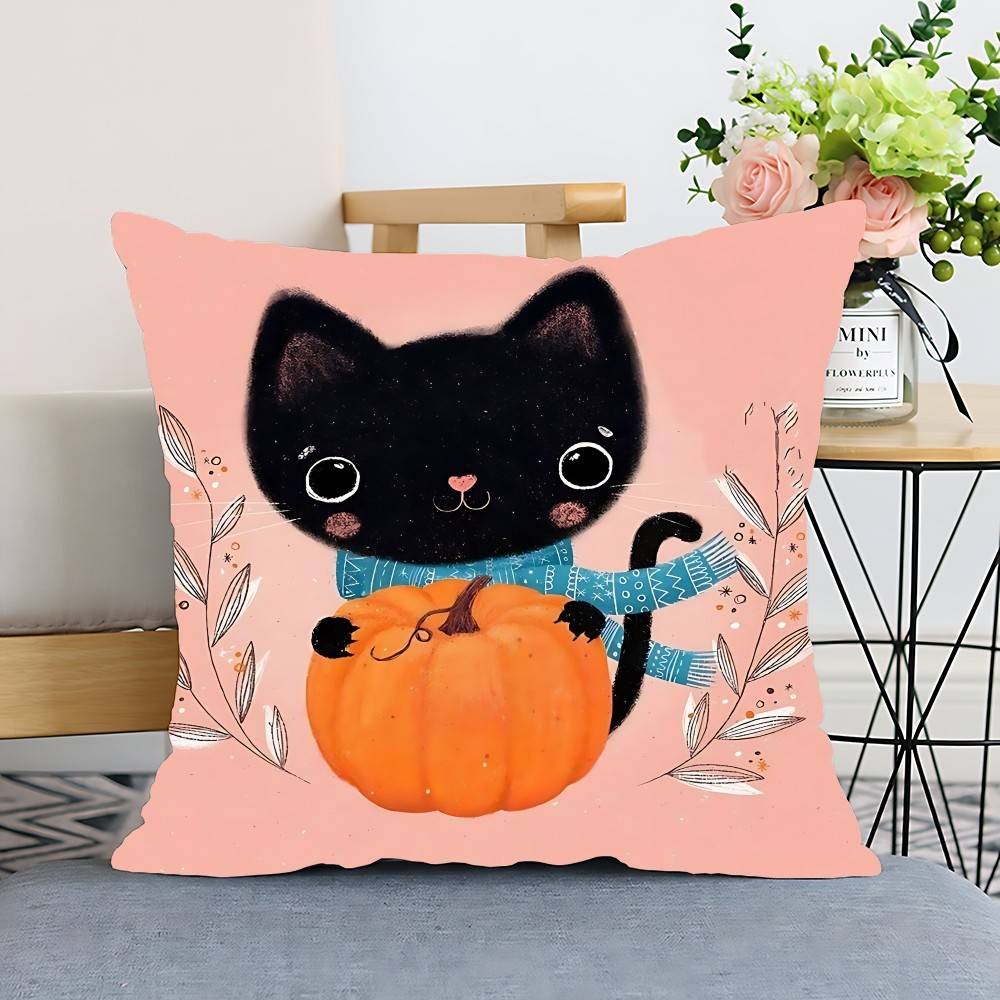 

Pumpkin Cat Happy Halloween Trick Or Treat Pillow Case Cushion Cover Polyester Decorative Sofa Cushion Pillowcase Home Decor 16x16Inch