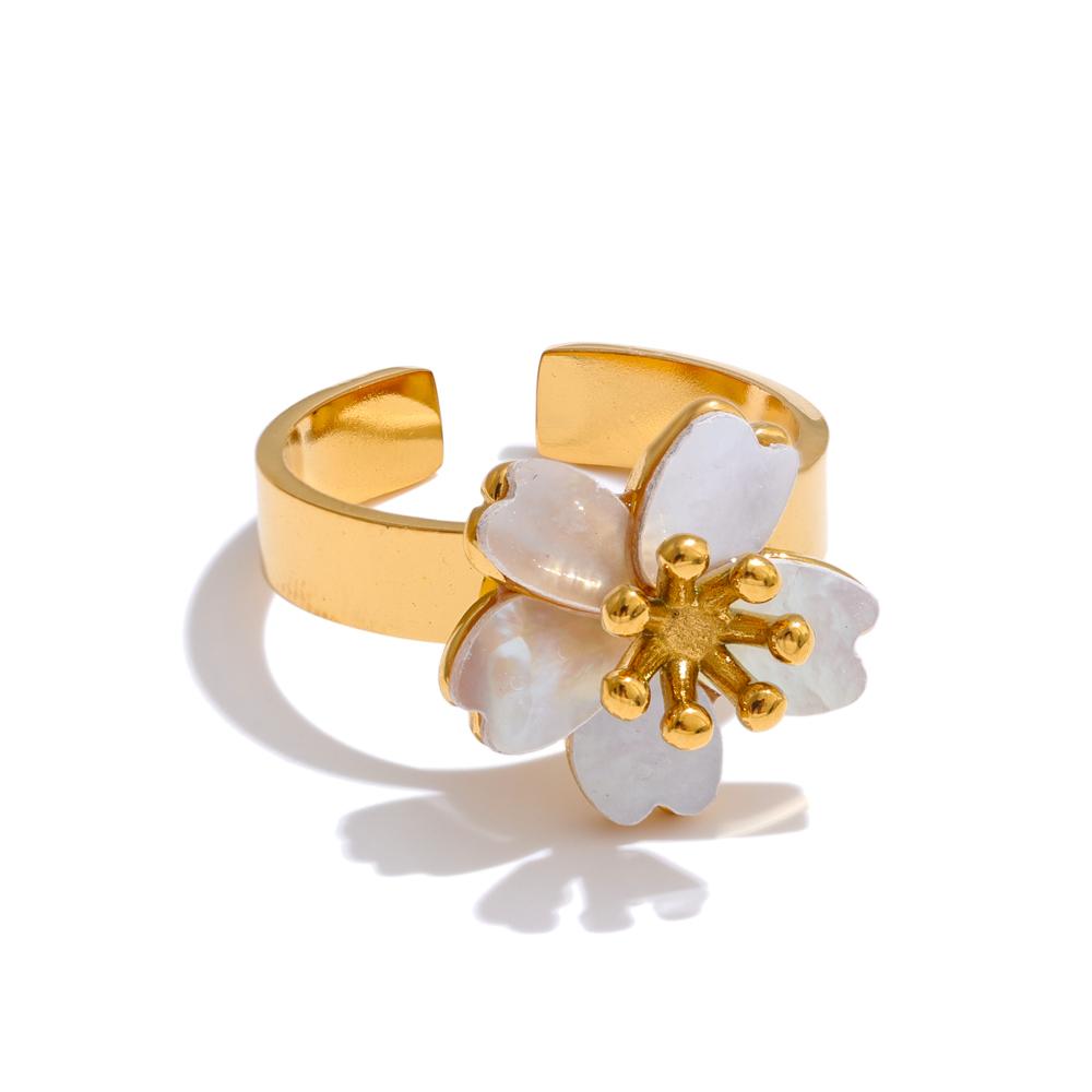 

Yhpup 316L Stainless Steel Natural Shell Flower Golden Open Ring for Women High Quality Exquisite Popular Jewelry resizable