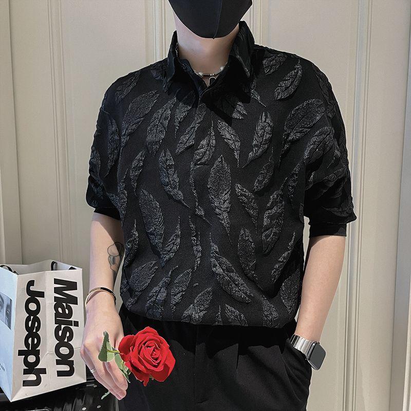 Stylish Jacquard Weave Basic Shirts Men's Clothing Solid Color Summer Business Casual 3/4 Sleeve Loose Turn-down Collar Shirts