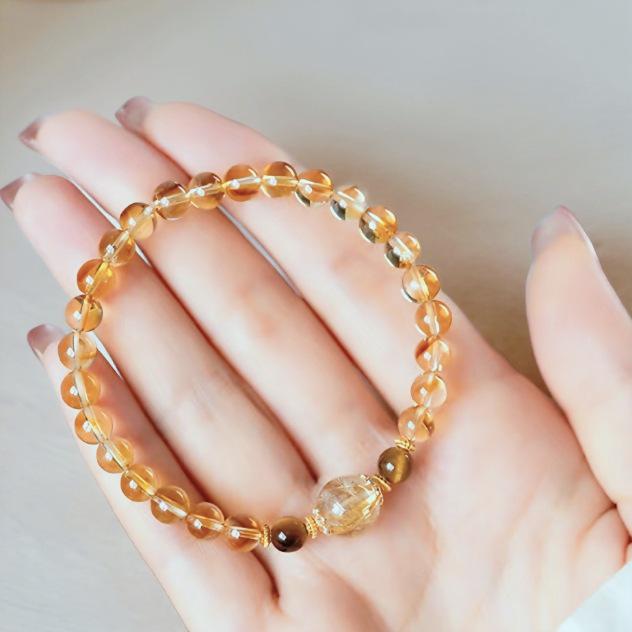Golden Rutilated Quartz & Yellow Citrine Crystal Bracelet - Trendy, High-End Design, Natural Gemstone Jewelry