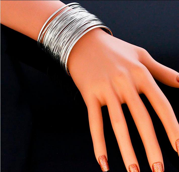 Punk Multilayer Strings Bracelet Zinc Alloy Wire Opening Cuff Bangle For Women Glittering Wrap  Open