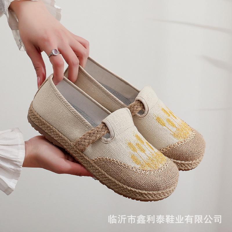 Новые весенне-осенние туфли из ткани с круглым носком, женские вышитые туфли, льняные парусиновые туфли на одной педали 35