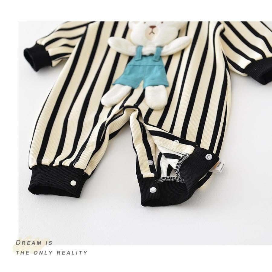 Long Sleeve Striped Animal Romper with Stuffed Soft Korean Baby 90cm [EnDast] Animal, Material, Children's Clothing, Clothing, Gift, 66cm, 73cm, 80cm,