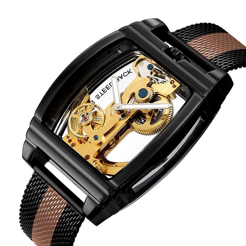 Reloj Mecánico Automático Transparente Hombre Steampunk Esqueleto Engranaje de Lujo Cuerda Automática Cuero Relojes de Hombre Montre Homme