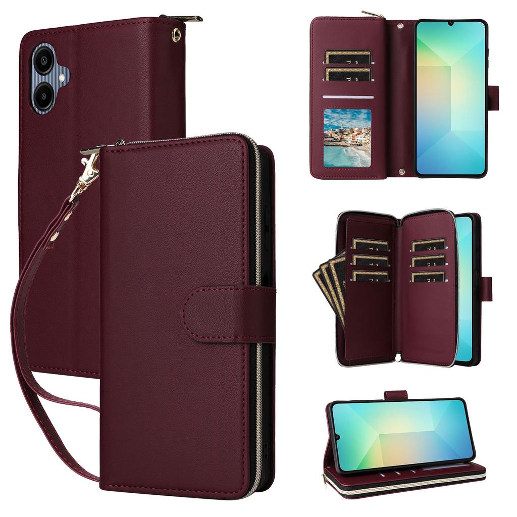 R20 For Samsung Galaxy A06 4G Case Zipper Pocket PU Leather Cover with 9 Card Slots