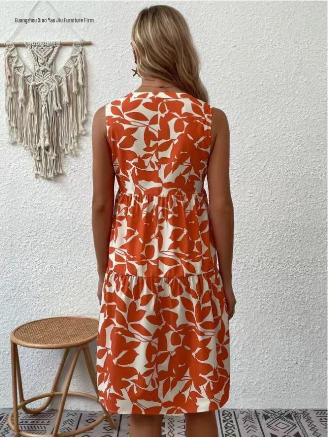 V-neck Sleeveless Printed Dress - Summer 2026 European & American Fashion for Women