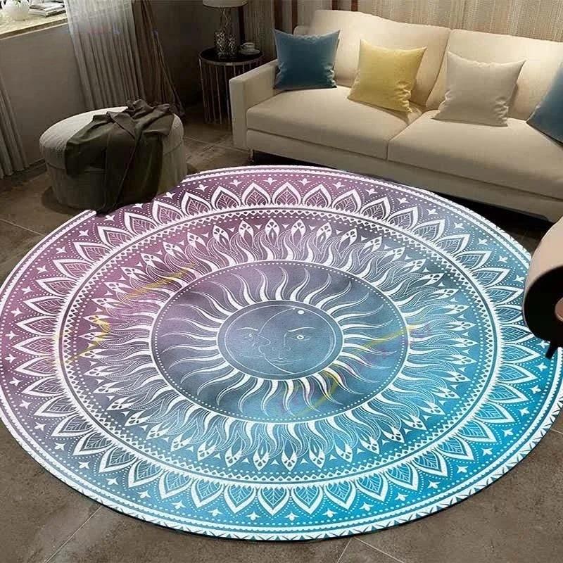 Round Carpet Retro Mandala Geometric Flower Pattern Rug Living Room Bedroom Cloak Non Slip Mat Home Decoration