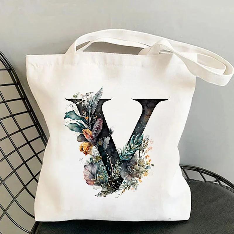 

26 Черных Холщовых Сумок-Тоут с Цветами Алфавита для Женщин, Большой Вместимости, Повседневная Новая Сумка для Шопинга с Принтом, Многоразовая Эко-Сумка, Большая 35x40cm One Sided