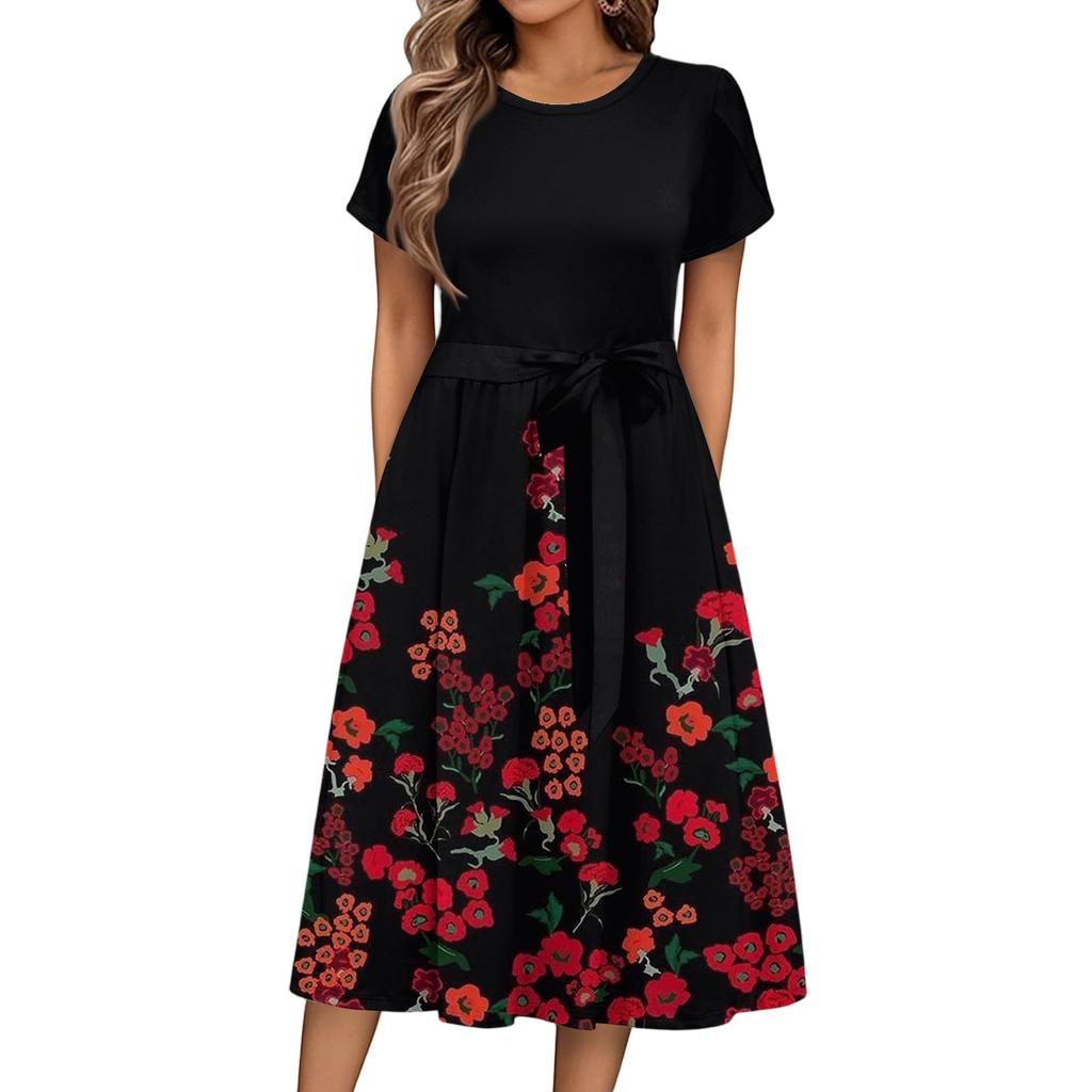 Women's Casual Cute Pattern Print Round Neck Midi Dress Basic Classic Outdoor Everyday Short Sleeve Loose Dress
