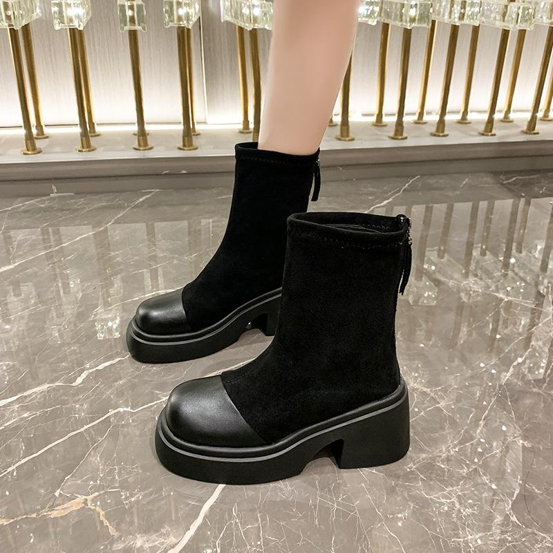 

2025 new autumn and winter new European station thin boots British style elastic boots thick-soled Martin boots thick heel short boots women 35