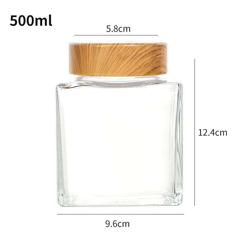 Verdickte flache quadratische Glasflasche mit Holzmaserung für Honig oder Marmelade