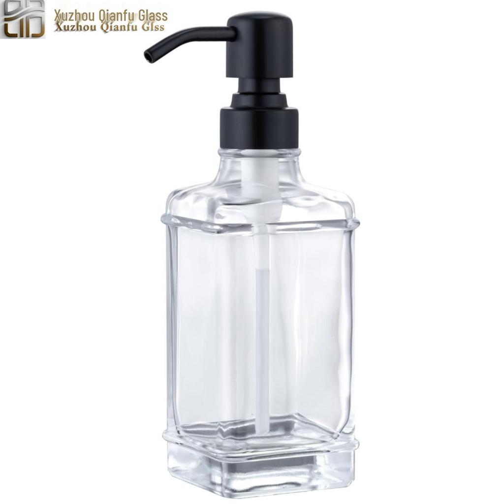 Refillable 300ml Square Glass Soap and Hand Sanitizer Dispenser Bottle.