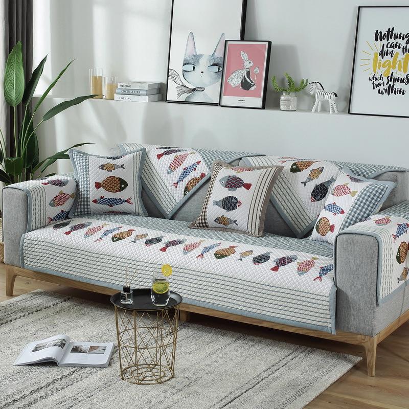 

Четыре сезона Универсальный чистый хлопок печатный мультфильм диванная подушка скандинавский простой клетчатый рыбка нескользящая диванная подушка полотенце 70*70