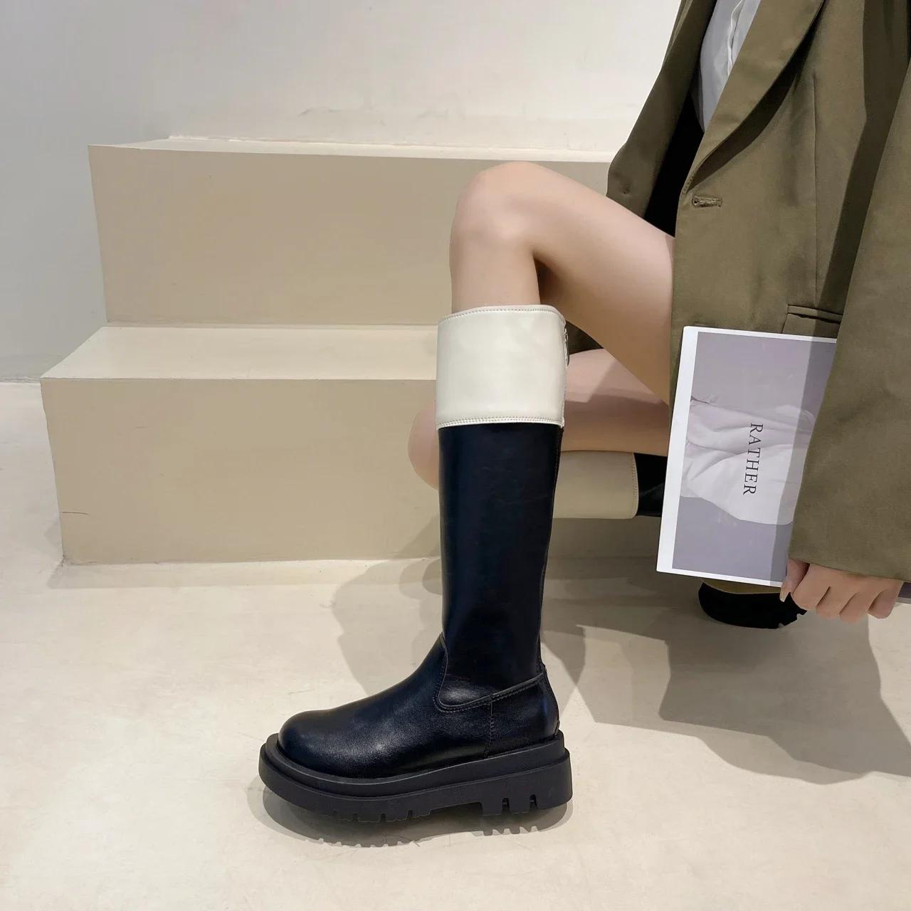 

2024 Осень/Зима Горячие Продажи Сапоги Цветные Блоки Длинные Сапоги Уличная Мода Толстая Подошва Высокий Верх Рыцарские Женские Сапоги 40 бежевый