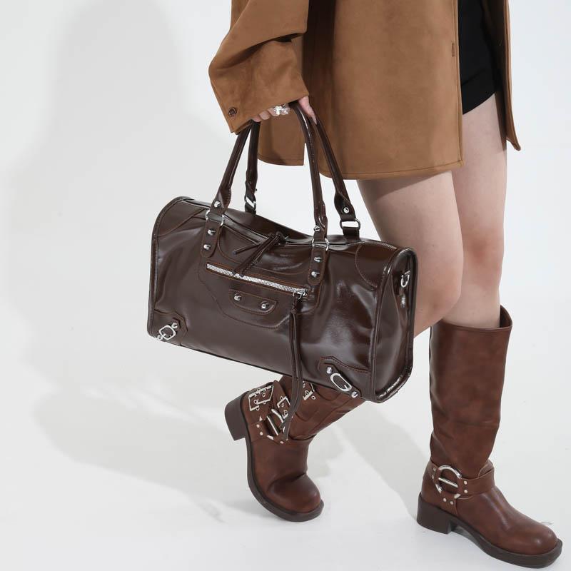 Glossy Faux Leather Duffel Bag Women's Fashion Shoulder Tote with Front Zip Pocket and Adjustable Strap