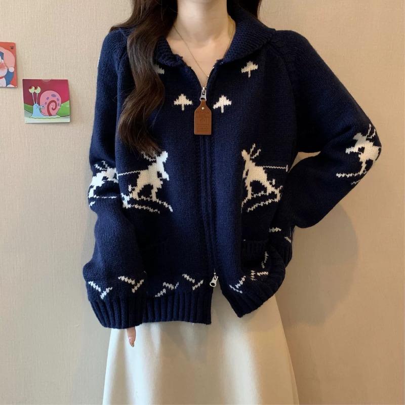 

Кардиган женский трикотажный жаккардовый на молнии, с отложным воротником, осенне-зимний, ленивый, мягкий, восковой, премиальный, теплый one size fits all тёмно-синий