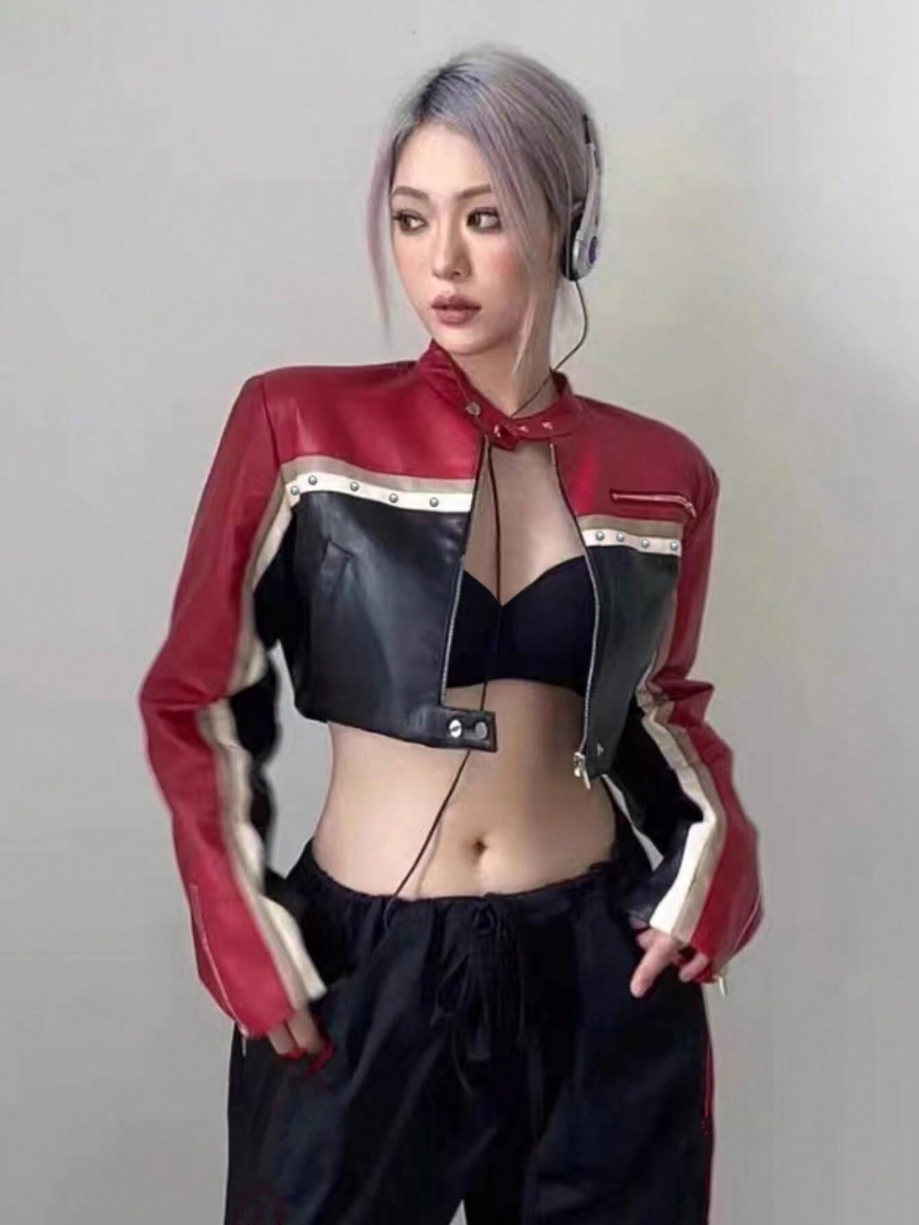 

Rose Beauty A Punk Bikercore Colorblock Zipper Studded Detail Crop PU Leather Moto Jacket L