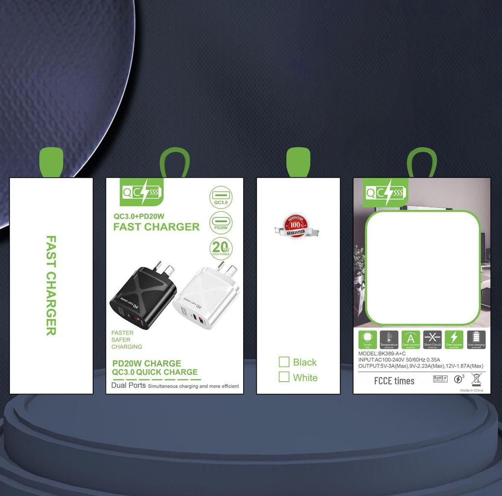 USB Travel Charger 5V/9V/12V with PD20W & QC3.0 Fast Charging - US/EU/UK Standard