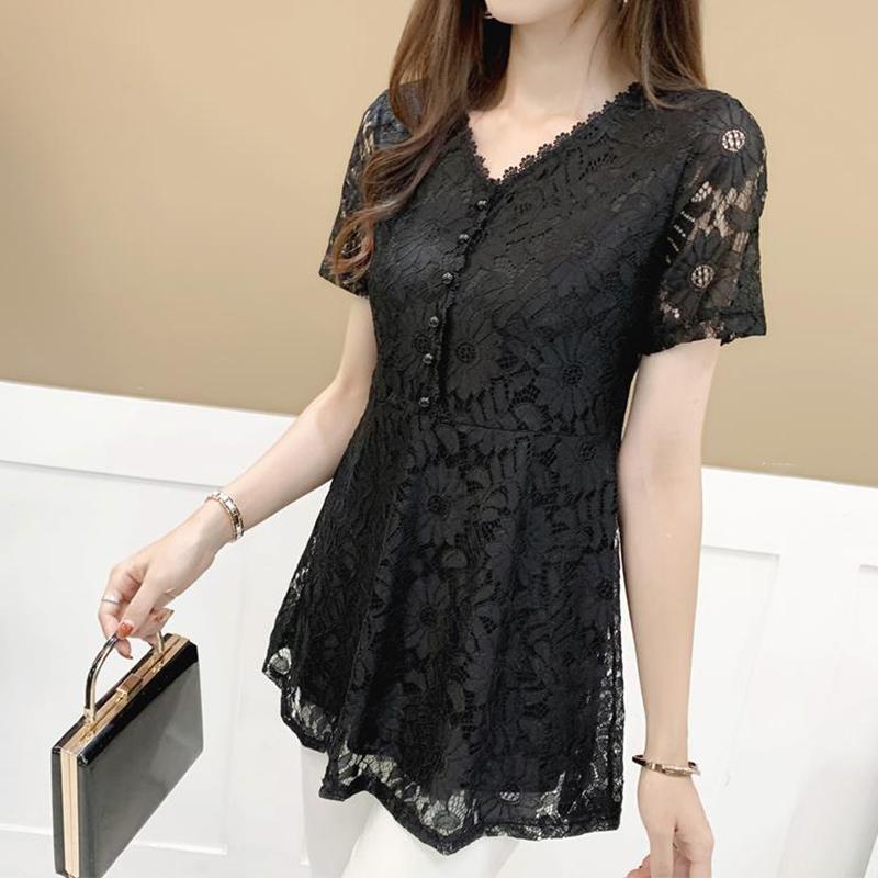 

Elegant Fashion Solid Hollow Out Button Lace Shirt Summer New V-Neck Short Sleeve Slim Pullovers Long Tops Women s Clothing L чорний