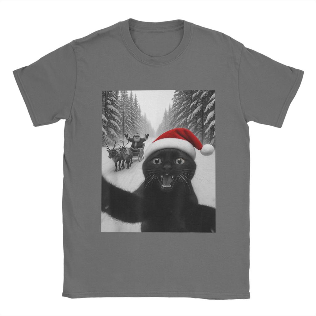 Lustiges Katzen-Selfie mit dem Weihnachtsmann Weihnachts-T-Shirts für Herren Tolle T-Shirts Kurzarm Rundhals-T-Shirts Neu eingetroffene Kleidung