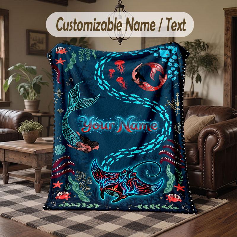 Mermaid Theme Throw Blanket Custom Name Text Personalized Blanket Soft Cozy Blanket for Home Sofa Bed